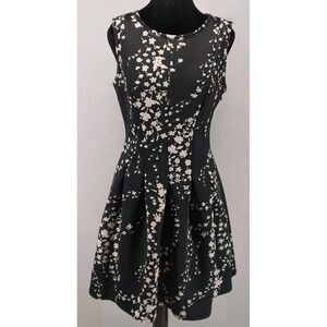 Ann Taylor Floral Stretch Black Cream A Line Skater Pleated Dress Size 6